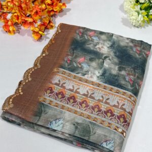 Grey Linen Cotton Printed Mirror Work Saree
