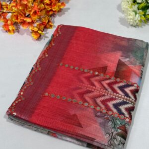 Red Linen Cotton Plastic Mirror Work Saree