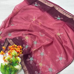 Wine Synthetic Cotton Embroidery Saree