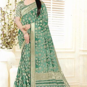 Bottle Green Brasso Saree With Zari Work Banarasi Border