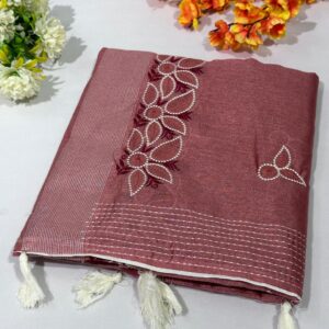 Wine Synthetic Cotton Embroidery Saree