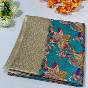Teal Cotton Digital Print With Sequin Work Saree