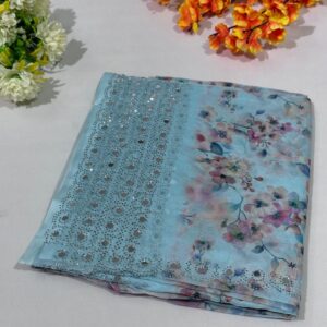 Light Teal Mirror Work Digital Print Soft Tissue Saree