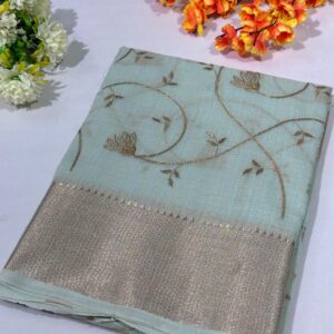 Light Teal Cotton Zari Work Banarasi Border Saree