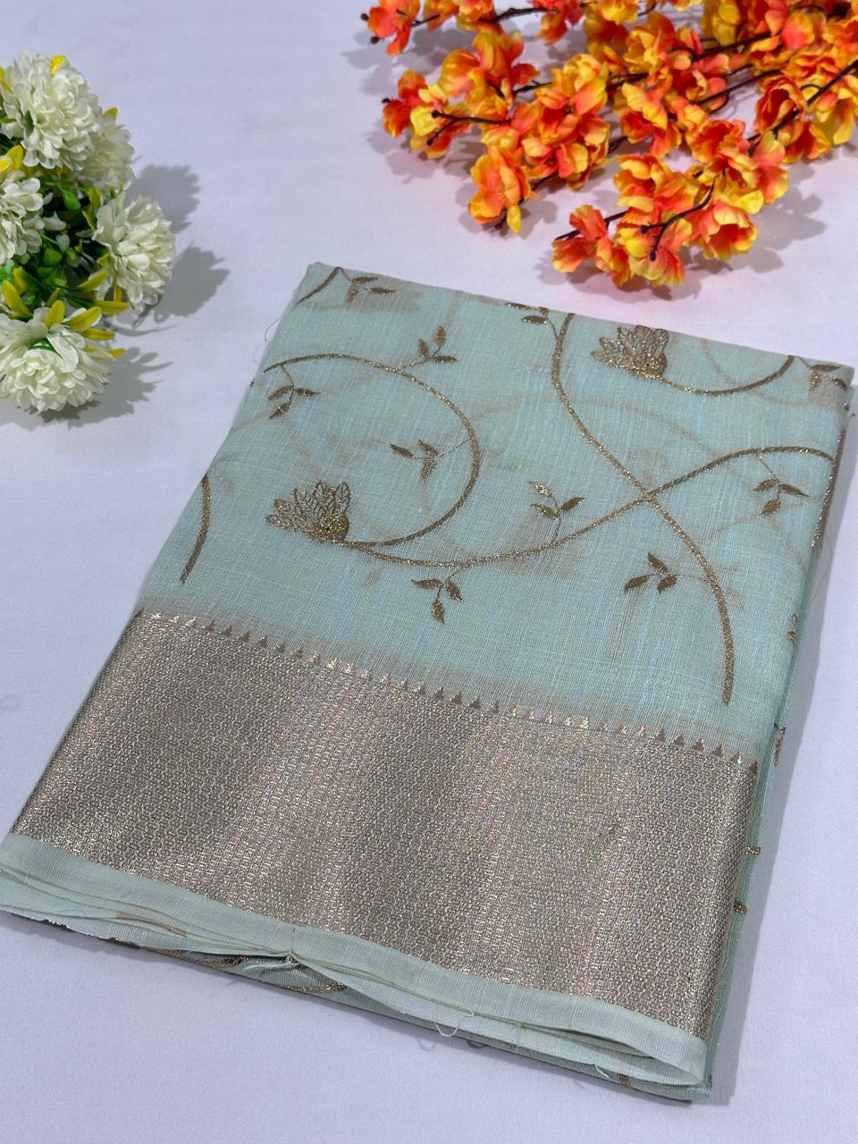 Light Teal Cotton Zari Work Banarasi Border Saree