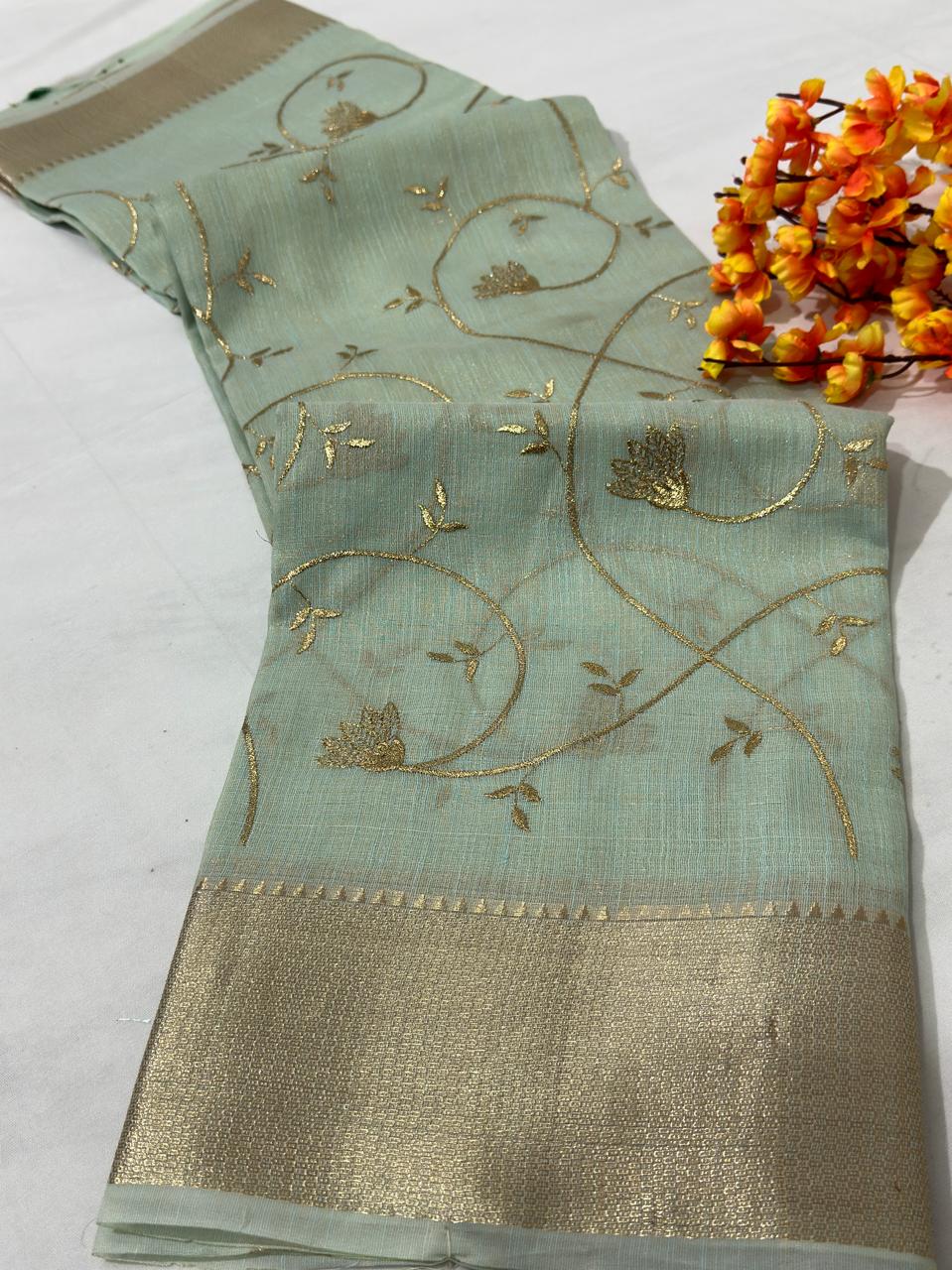 Light Teal Cotton Zari Work Banarasi Border Saree
