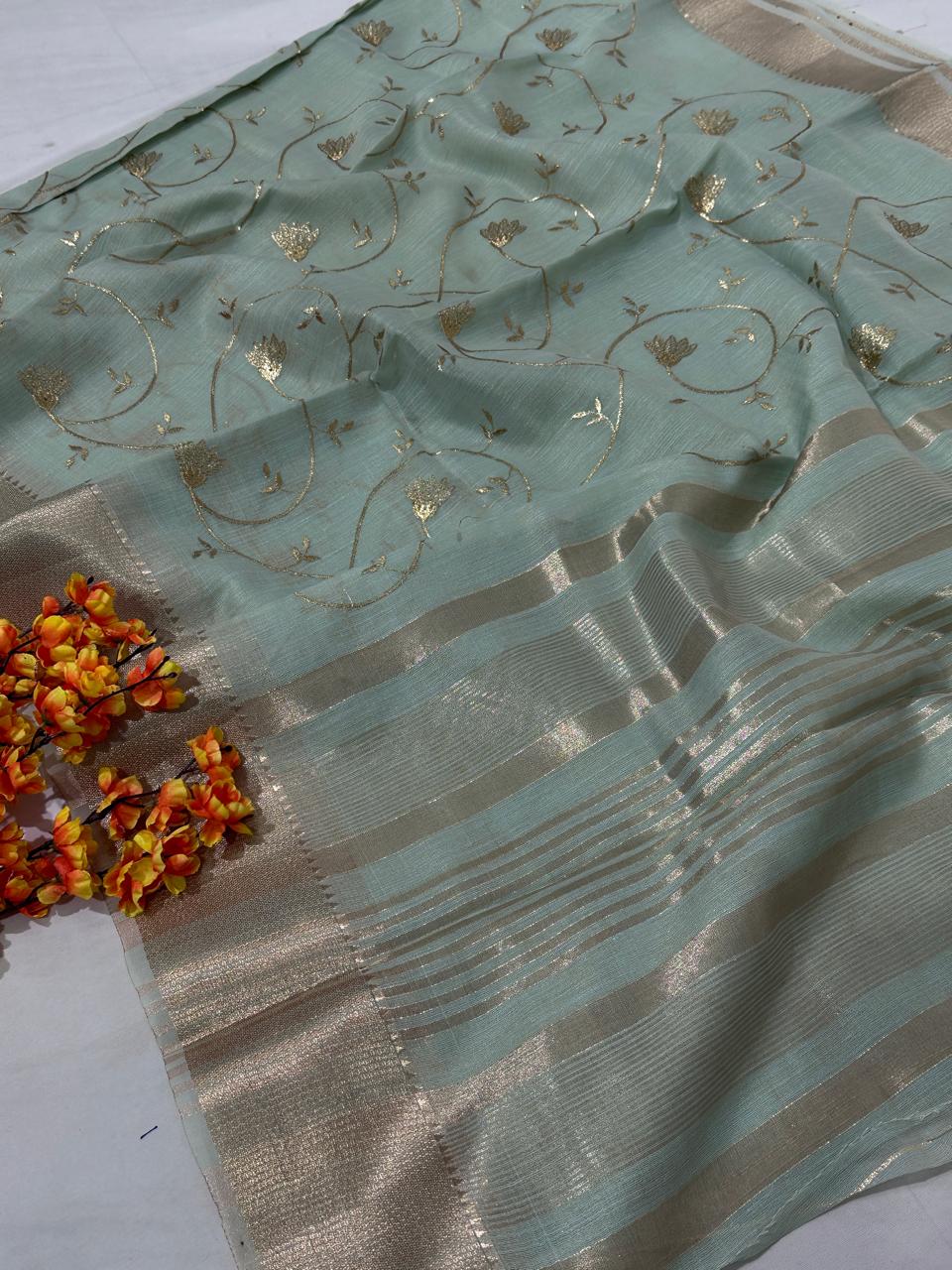 Light Teal Cotton Zari Work Banarasi Border Saree