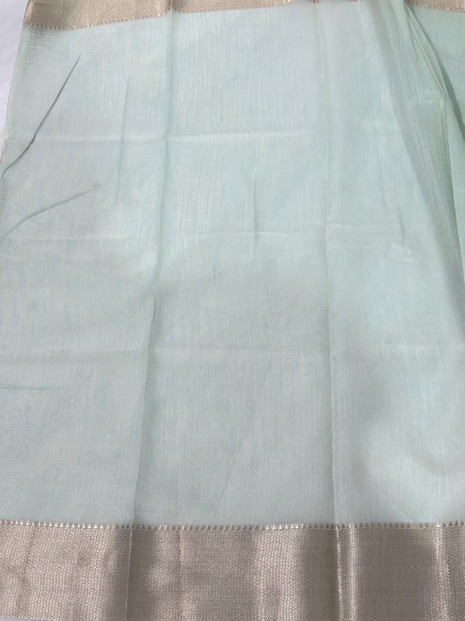 Light Teal Cotton Zari Work Banarasi Border Saree