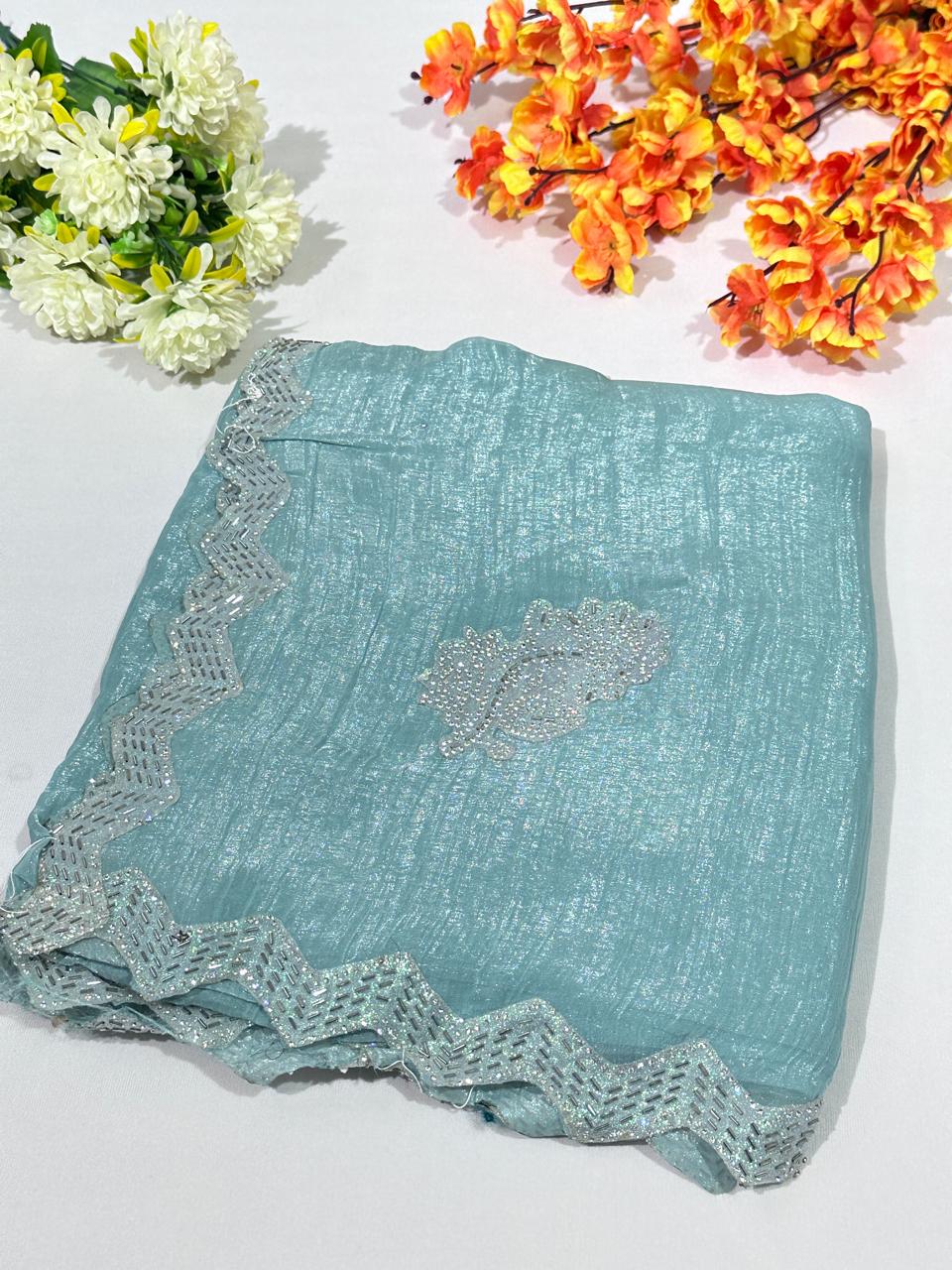 Fountain Teal Jimmy Choo Hand Work Lace Party Wear Saree
