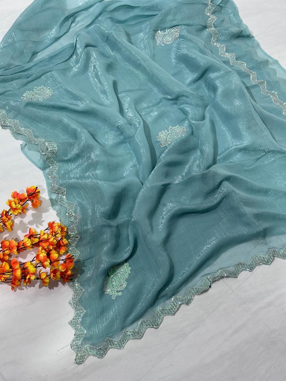 Fountain Teal Jimmy Choo Hand Work Lace Party Wear Saree