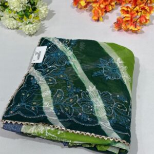 Bottle Green Hand Work Chiffon Laheriya Saree