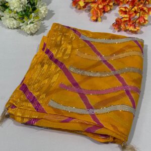 Mustard Yellow Hand Work Chiffon Laheriya Saree