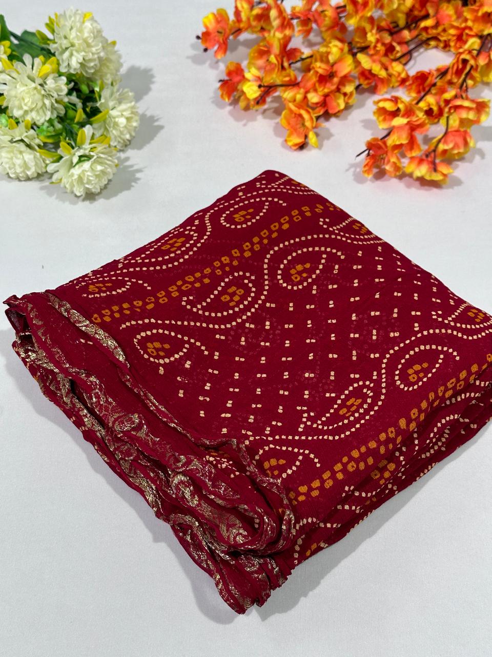 Wine Viscose Rai Bandhej Chunri Saree