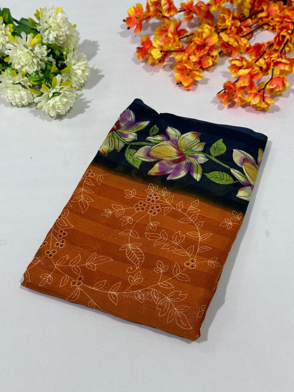 Elegant Printed Georgette Saree in Orange