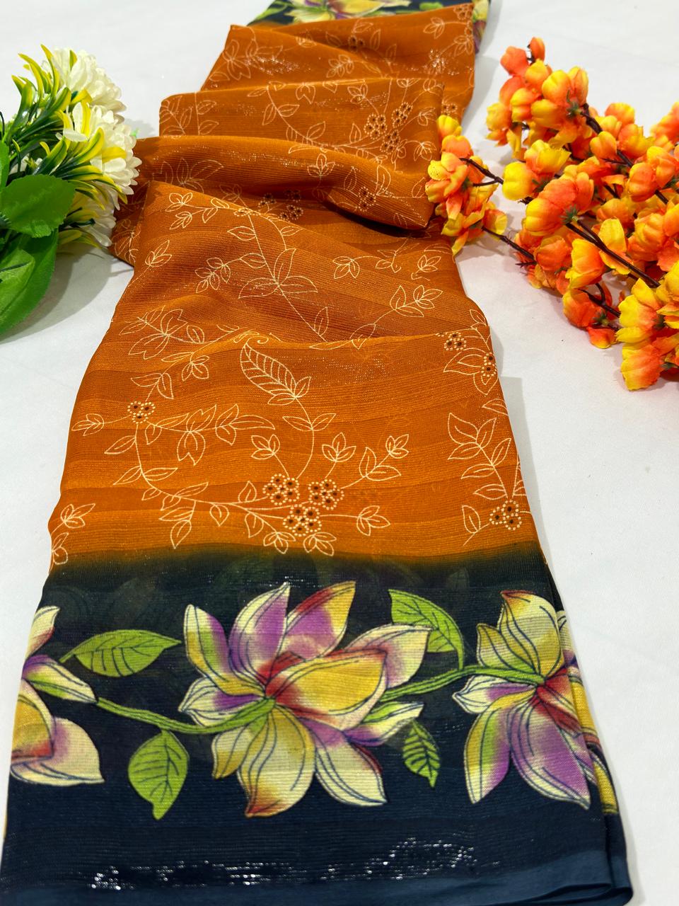 Elegant Printed Georgette Saree in Orange