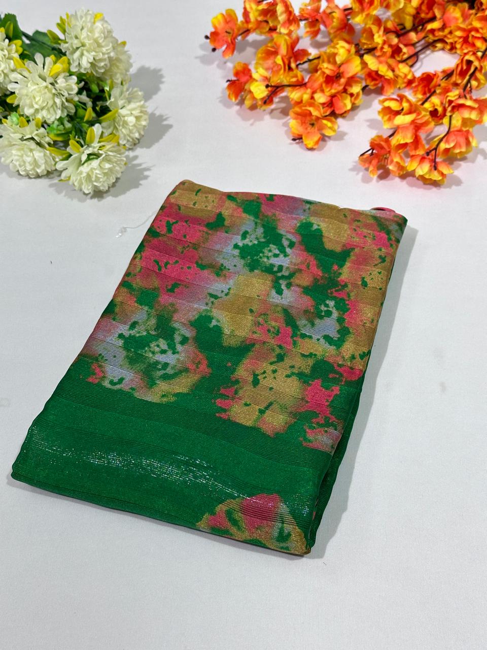 Bottle Green Printed Georgette Saree