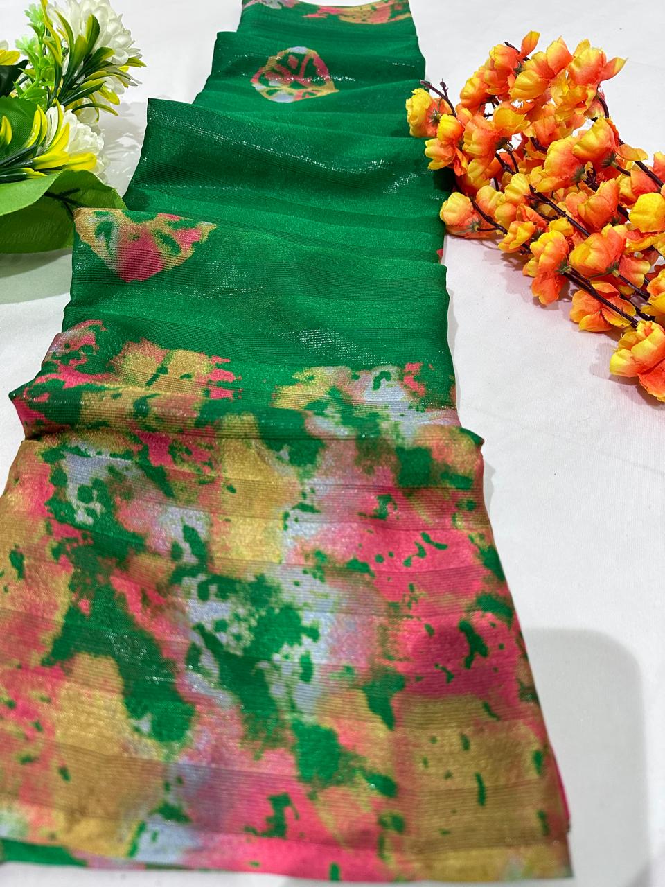 Bottle Green Printed Georgette Saree