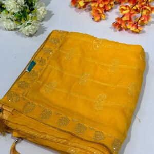 Mustard Yellow Shimmer Chiffon Sequence Work Saree