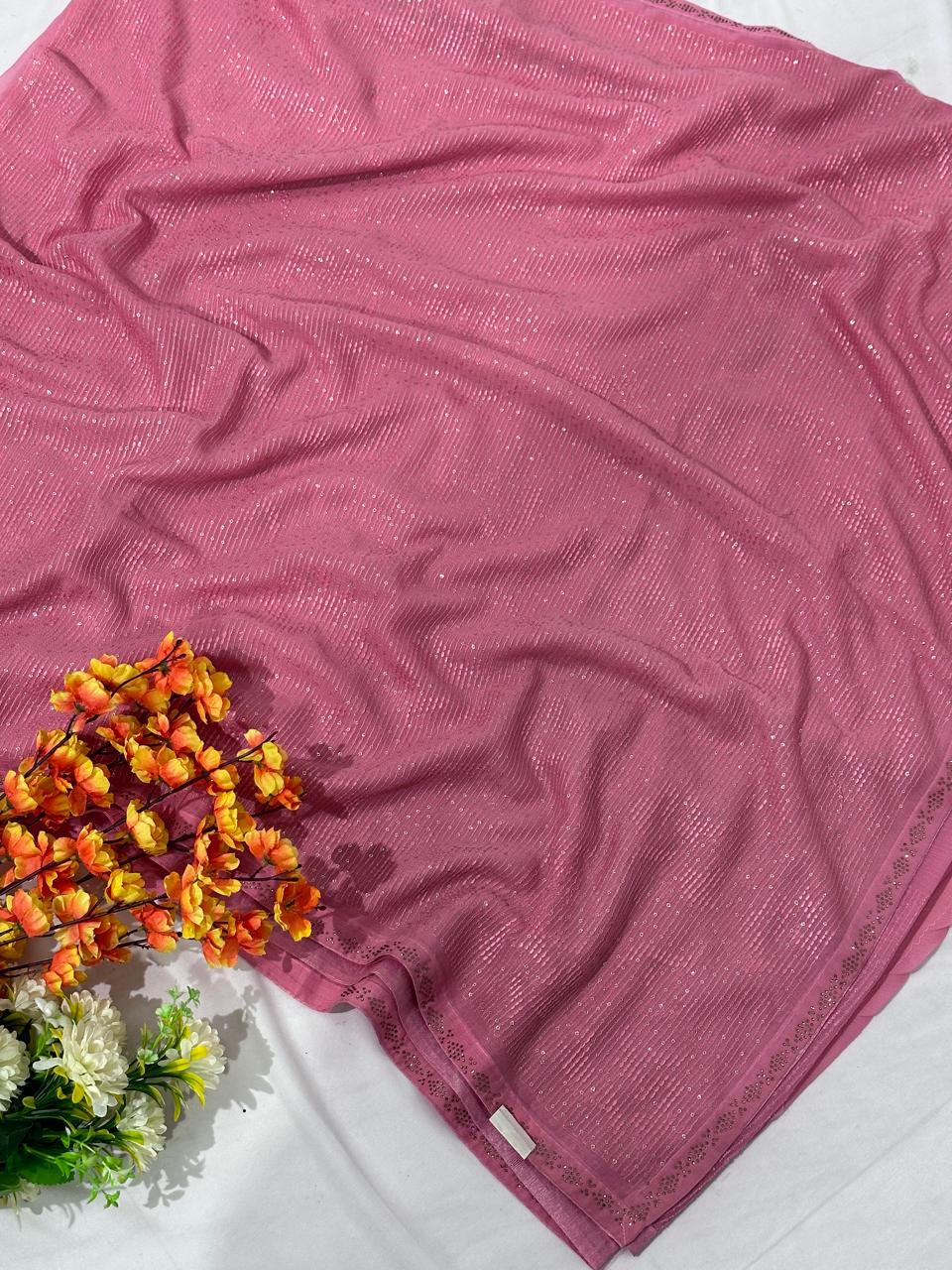 Pink Shimmer Chiffon Sequence Work Saree