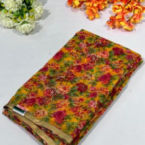 Mustard Yellow Nazmeen Chiffon Printed Saree