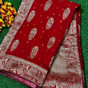 Red Pure Dola Silk Bandhej Traditional Banarasi Saree