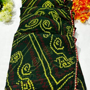 Bottle Green Semi Georgette Bandhani Saree with Blouse
