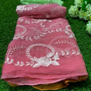 Pure Chiffon Rani Pink Embroidery Jaal Work Saree