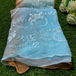 Royal Blue Pure Chiffon Embroidery Jaal Work Saree With Blouse