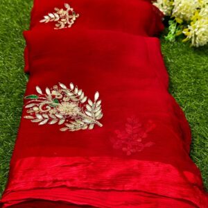 Pure Red Chiffon Dabka And Zardozi Work Saree With Blouse