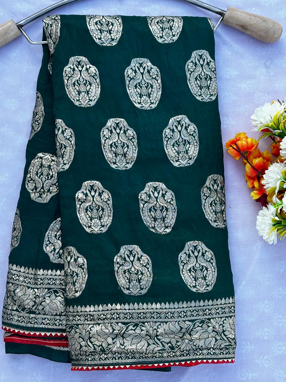 Bottle Green Dola Silk Hand Woven Zari Work Saree