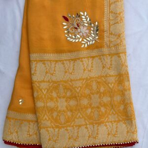 Mustard Yellow Pure Dola Silk Dabka Hand Work Saree