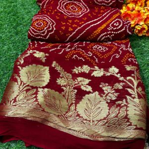 Wine Pure Georgette Banarasi Rai Bandhej Saree with Blouse