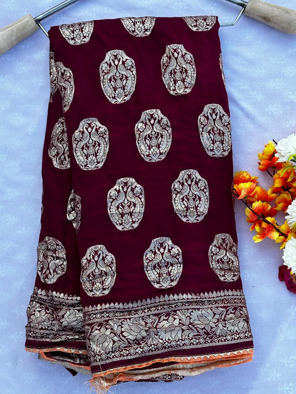 Wine Dola Silk Hand Woven Zari Saree With Blouse
