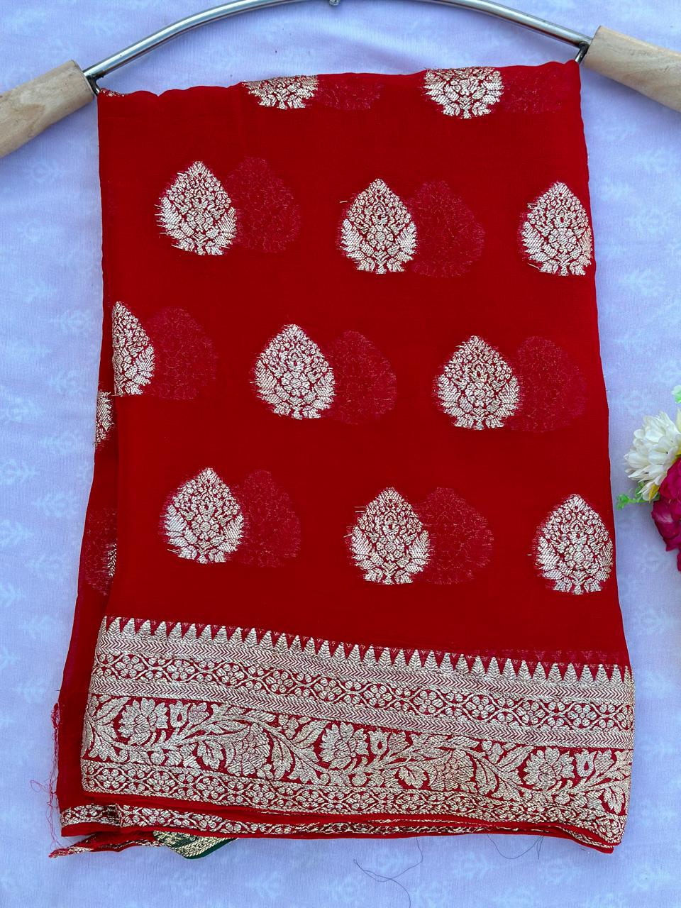Pure Viscose Georgette Red Banarasi Saree With Blouse
