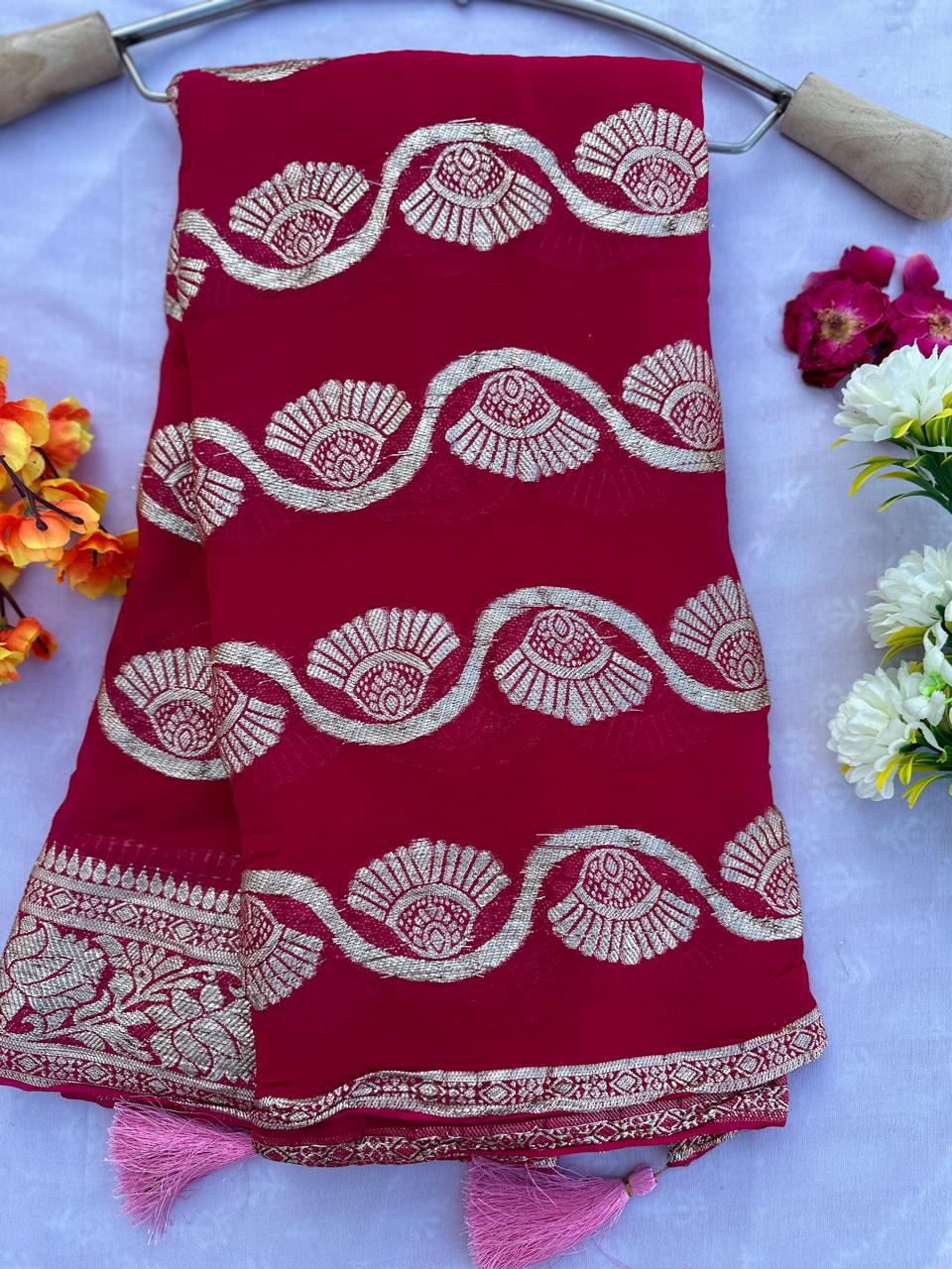 Pure Viscose Georgette Red Banarasi Saree With Blouse