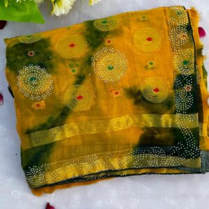 Mustard Yellow Multi Dye Chiffon Saree with Stone Work