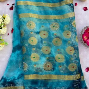 Peacock Blue Chiffon Multi Dye Stone Work Saree with Blouse