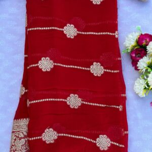 Stunning Red Viscose Georgette Zari Work Saree With Blouse