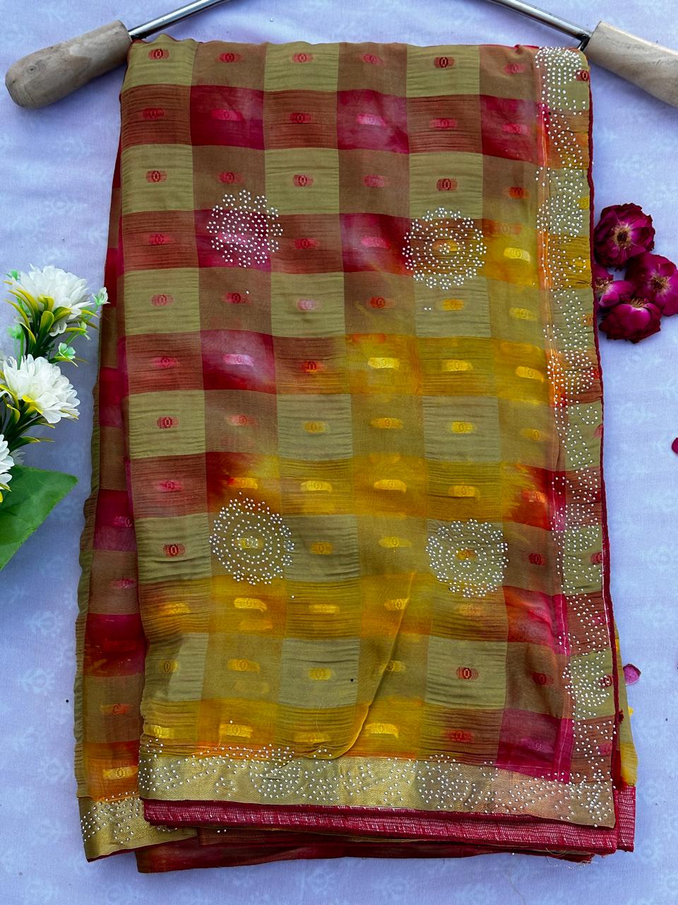 Multi Dye Siroski Work Fancy Fabric Saree with Blouse