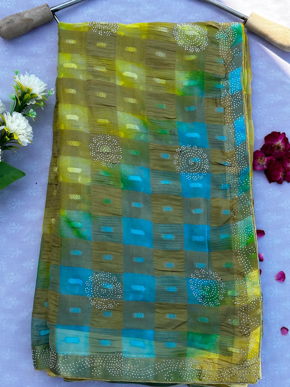 Multi-Dye Siroski Work Fancy Fabric Saree with Blouse