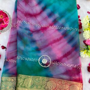 Multi Dye Hand Work Organza Saree With Blouse