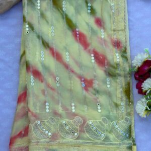 Mustard Yellow Chiffon Tie Dye Sequence Work Saree
