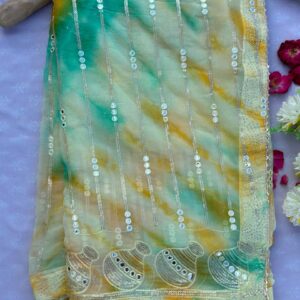 Mustard Yellow Chiffon Tie Dye Sequence Work Saree
