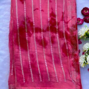 Rani Pink Chiffon Tie Dye Sequence Work Saree with Blouse