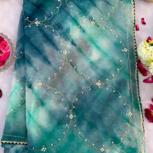 Fountain Teal Tie Dye Organza Hand Work Saree with Blouse