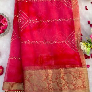 Rani Pink Tie Dye Organza Hand Work Saree