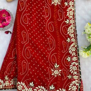 Heavy Red Georgette Barik Rai Bandhej Hand Work Saree