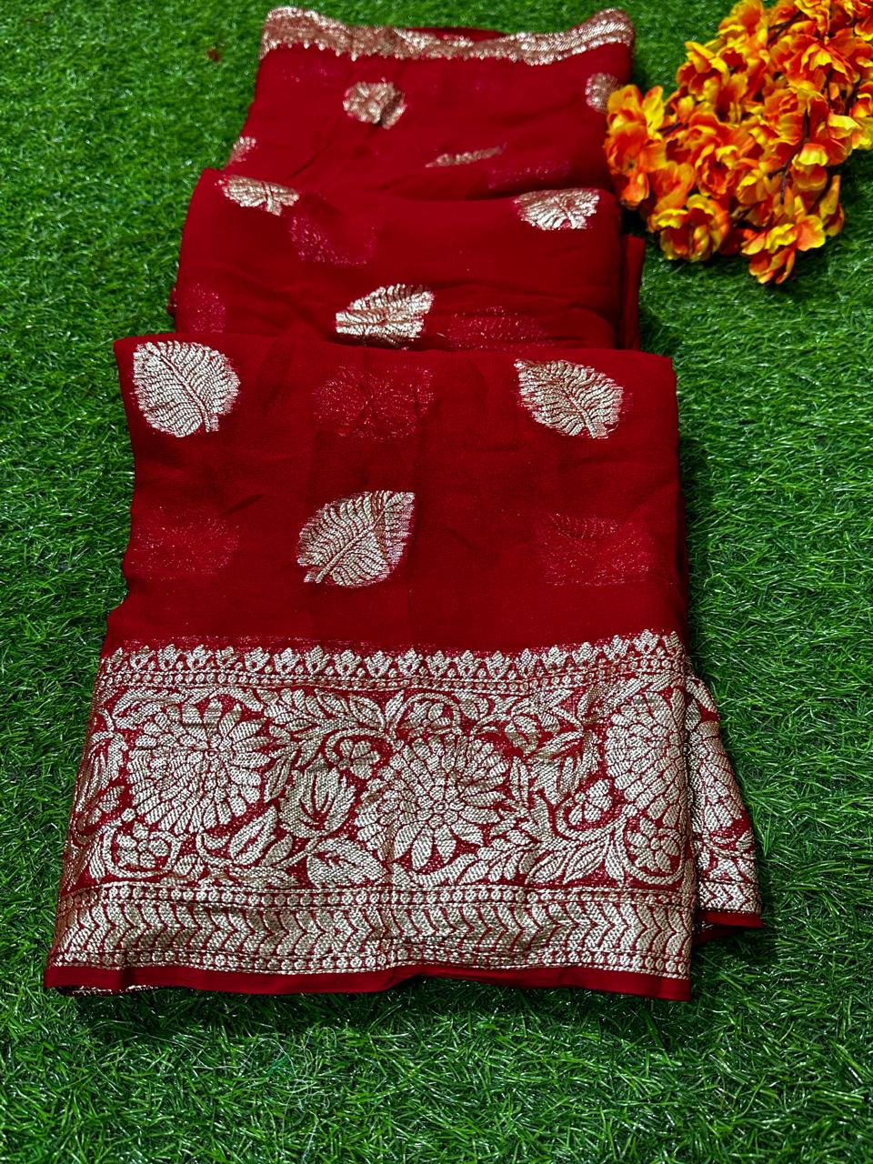 Red Viscose Georgette All Over Zari Work Saree With Blouse