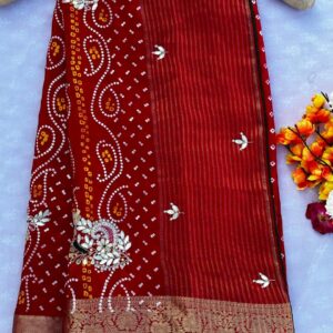 Red Pure Silk Bandhani Saree With Dabka & Gotta Patti Work