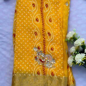 Mustard Yellow Pure Silk Bandhej Chunri Saree With Dabka & Gotta Patti